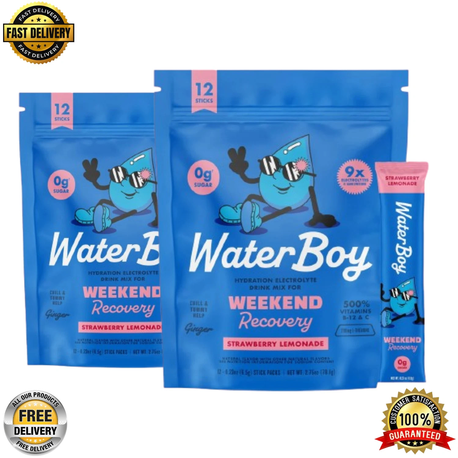 Waterboy Weekend Recovery Electrolyte Powder – 12 Stick Packs x 2 (Strawberry L)