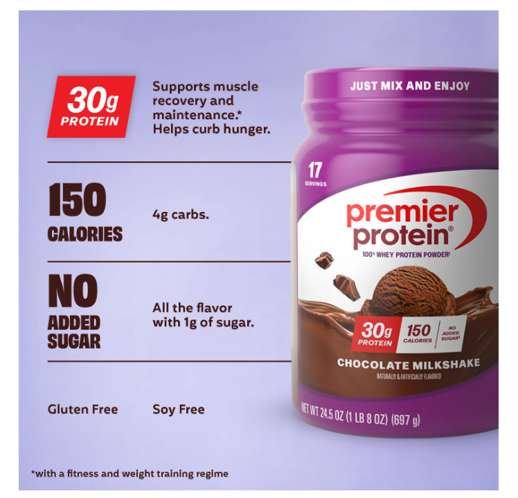 Premier Protein Whey Powder Chocolate Milkshake 1.5lb 30g Protein