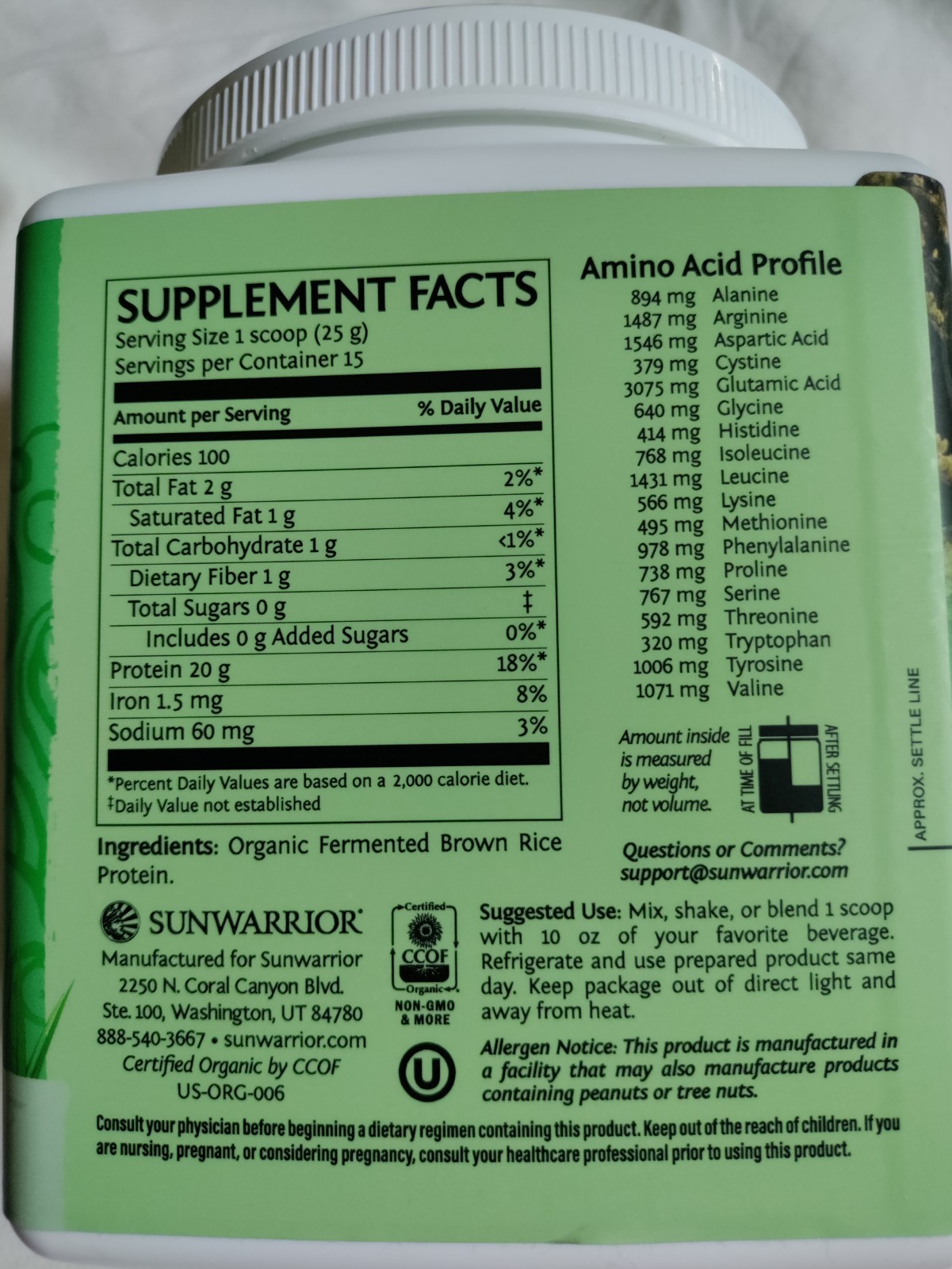 Sunwarrior Organic Classic Unflavor Protein – Plant-Based Protein Powder, 375g