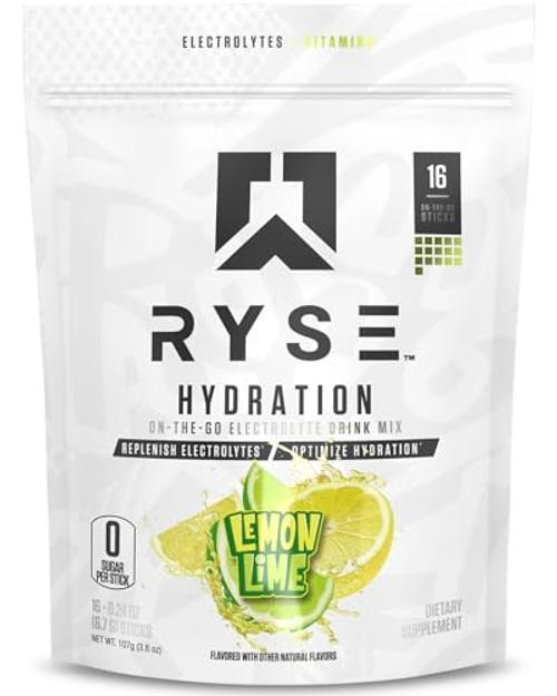RYSE Hydration Electrolyte Powder Drink Mix Packets – Lemon Lime – Sugar-Free