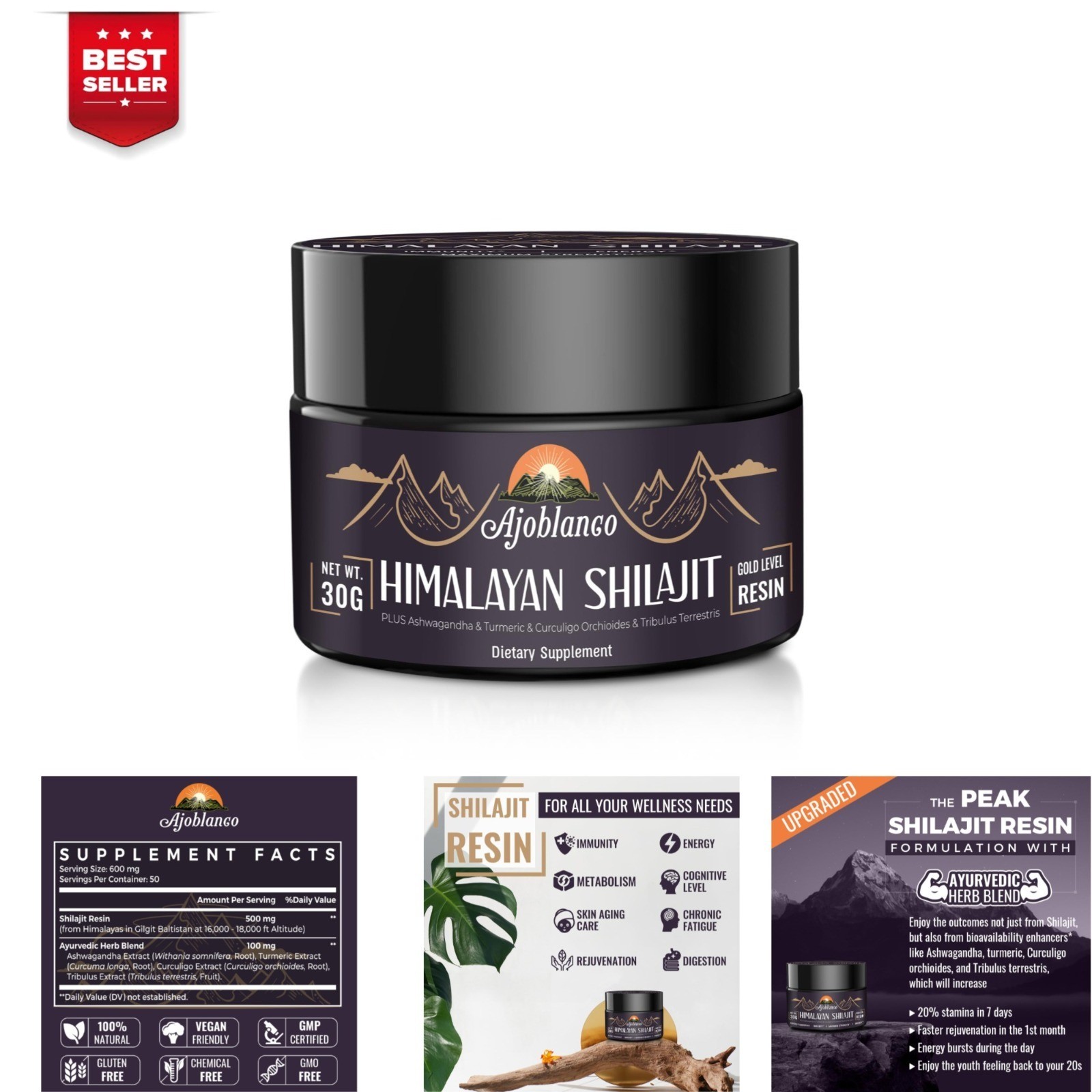 Ajoblanco 600mg Shilajit Pure Himalayan Organic Resin – Energy & Immunity