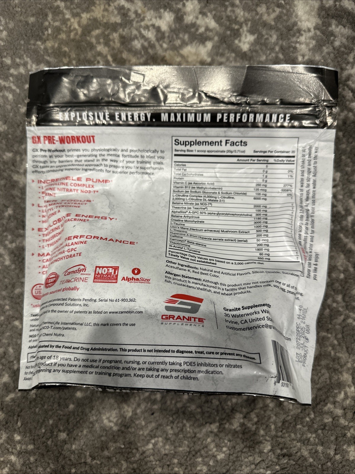 Granite® Essential GX Pre-Workout Extreme 20 Servings Sour Power Exp 7/25