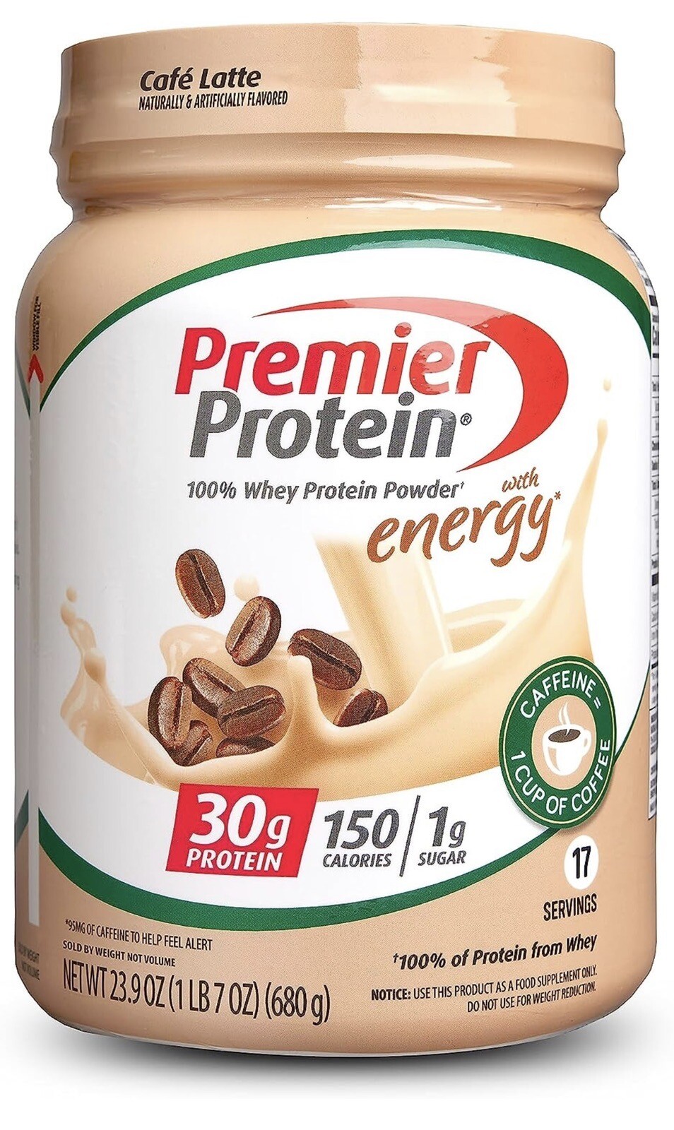Premier Protein 100% Whey Protein Powder, Café Latte, 30g Protein, 23.3oz, 1.7lb