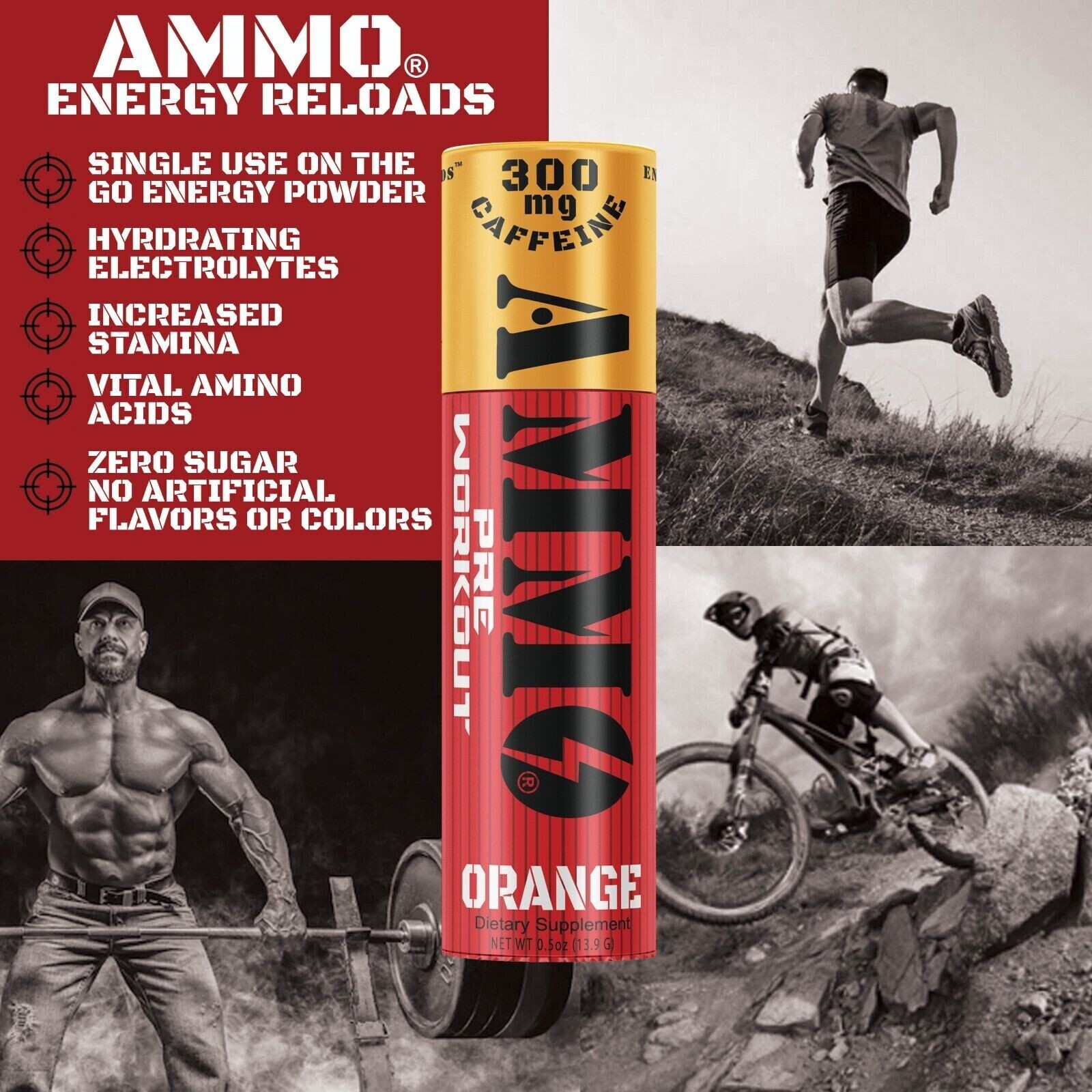 AmmoShots Energy drink powder 12ct Single Shots Orange Zero Sugar ALL Natural