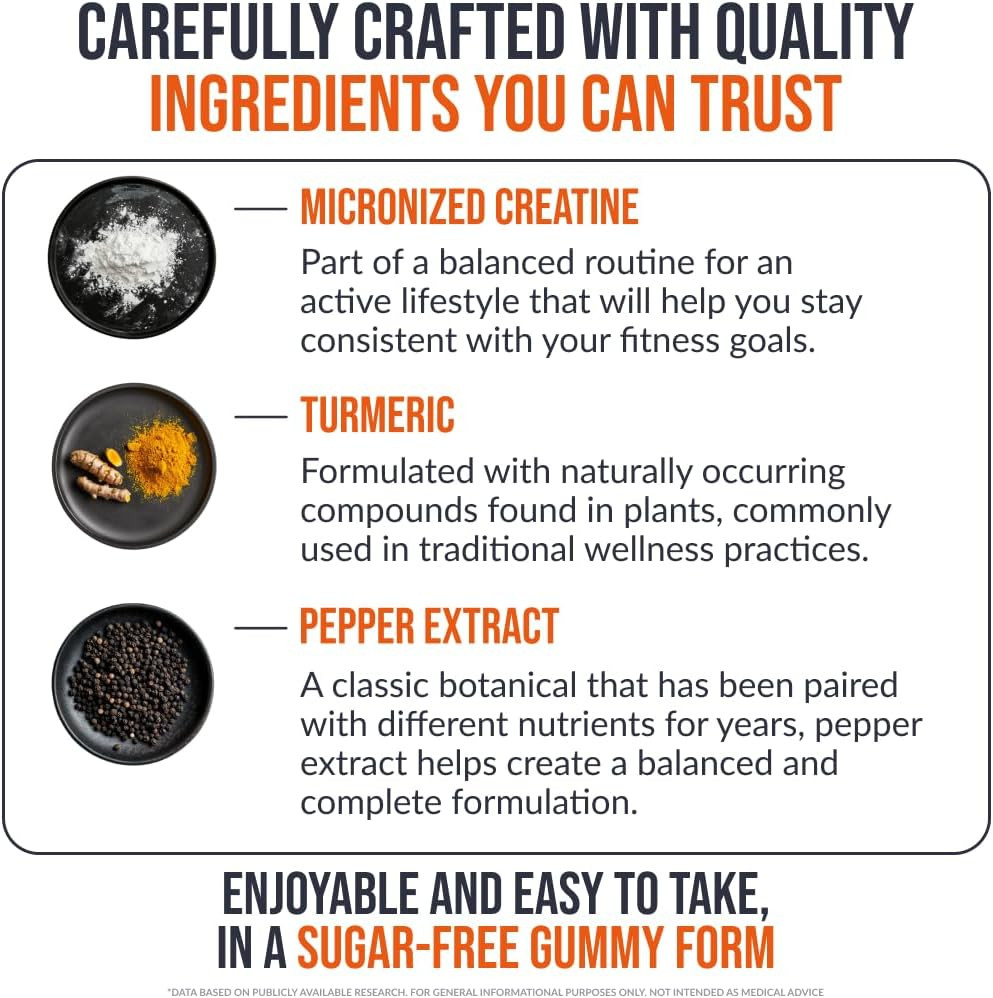 Creatine Monohydrate Gummies 5000 mg per Serving, Mango Flavor, with Turmeric Ro