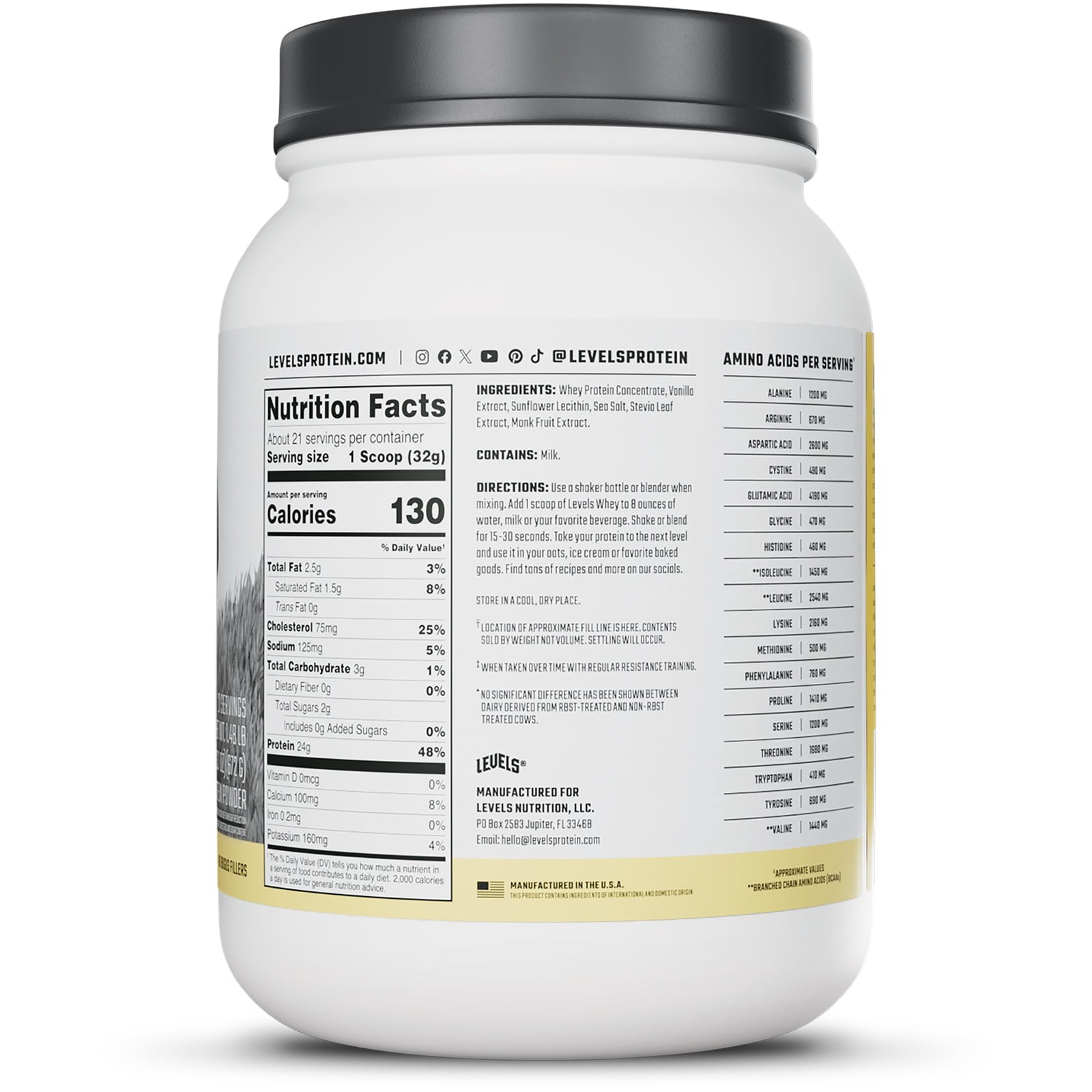 Levels Grass Fed Whey Protein Powder, No Artificials,24G of Protein,Vanilla Bean