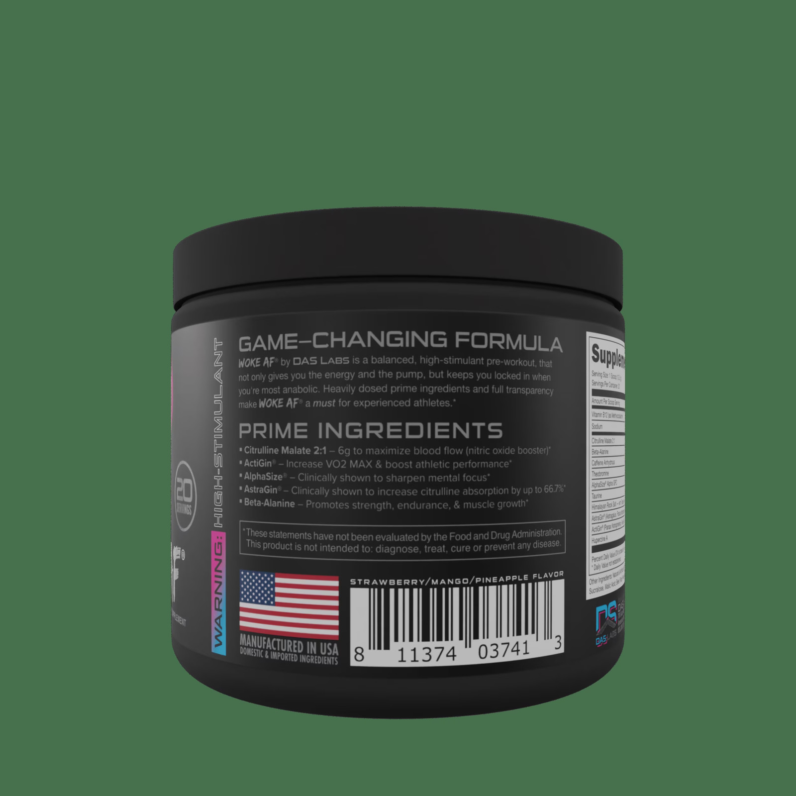 Woke AF Pre-Workout Powder, Increased Energy, Miami, 333Mg Caffeine, 20 Servings