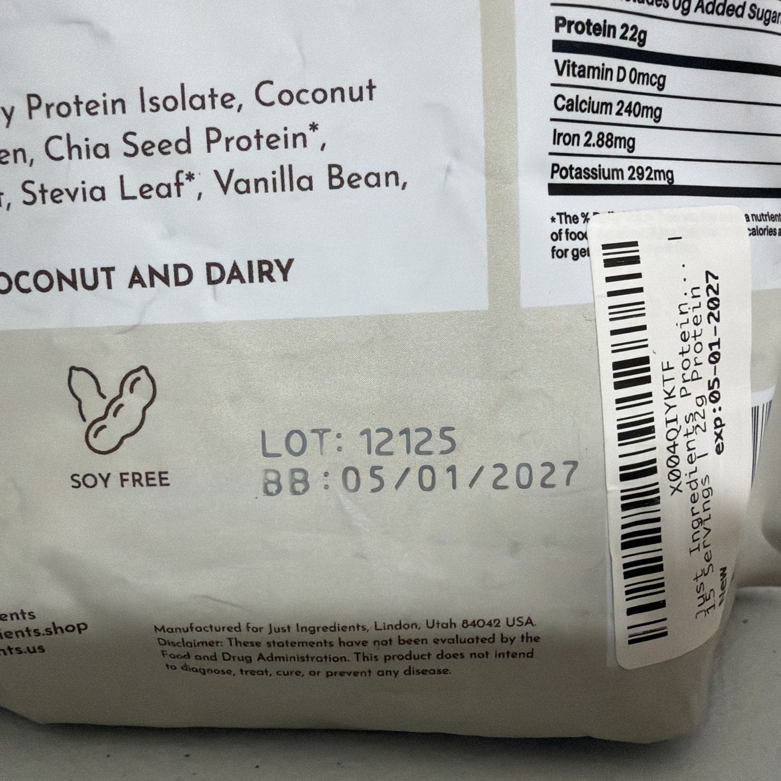 NEW 2xJust Ingredients Vanilla Bean Protein Powder – Clean, Natural 15 serv each