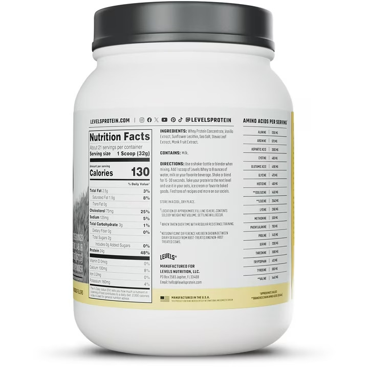 Levels Grass Fed Whey Protein Powder, No Artificials,24G of Protein,Vanilla Bean