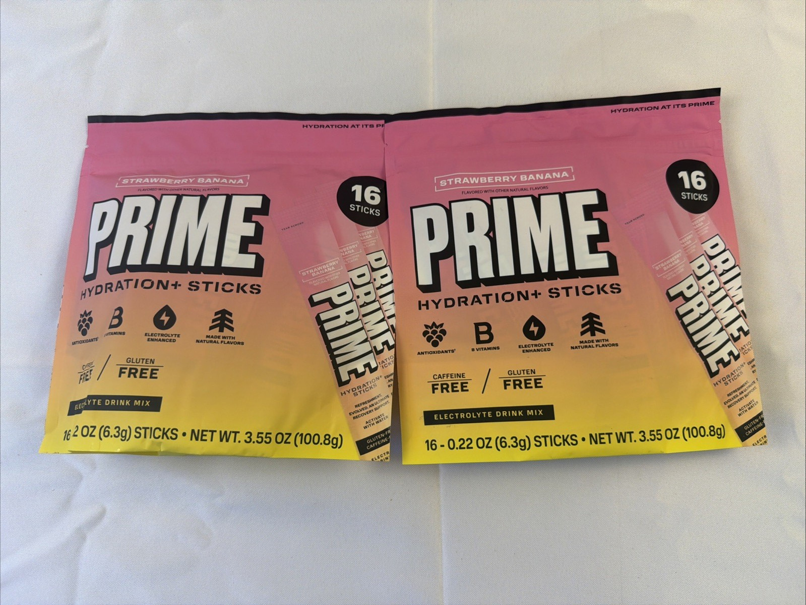 2 Pack PRIME Hydration Strawberry Banana Powder Sticks 16 Ct Each Sugar Free