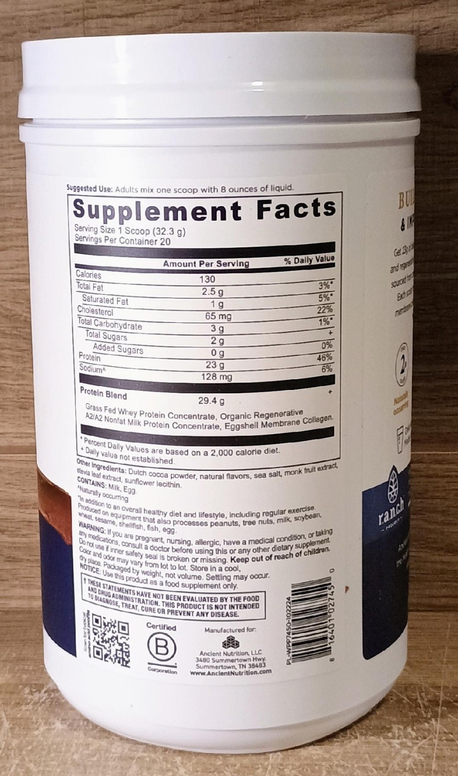 Ancient Nutrition Grass Fed Whey Protein Milk Chocolate 23g Protein, 20 Servings