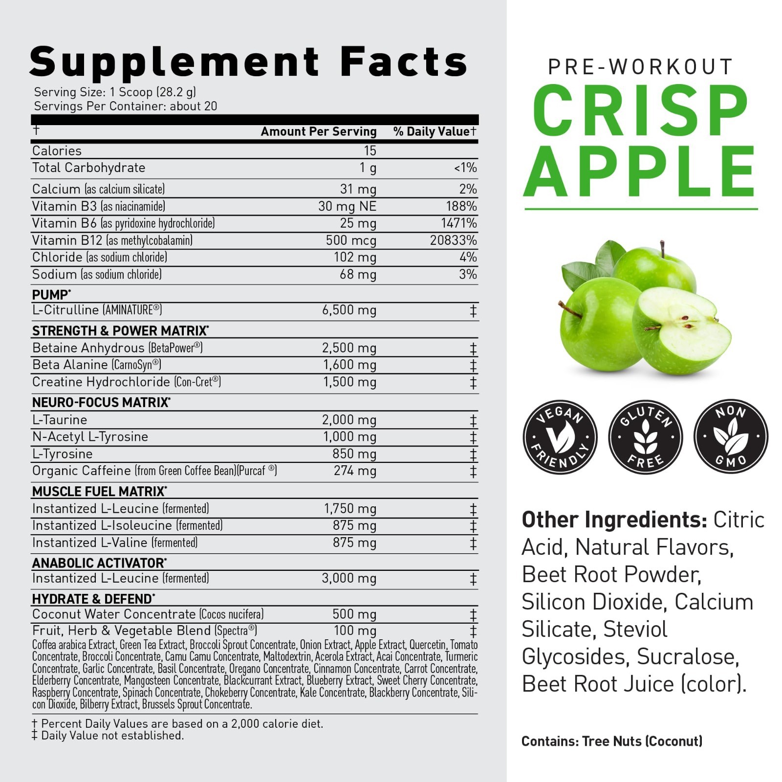 Pre Workout Powder – Krisp Apple Flavor, Creatine, Beta Alanine, Natural Caffein