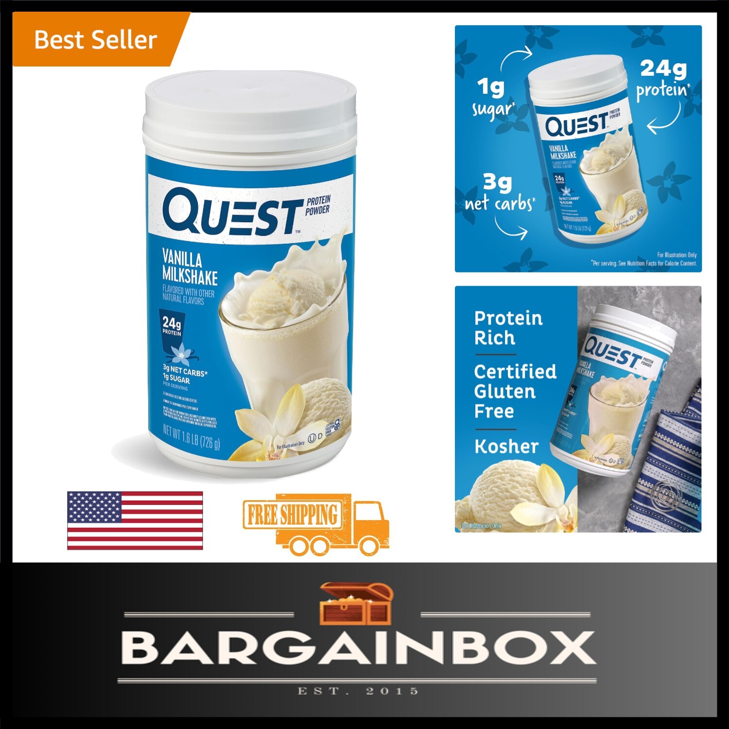 Quest Vanilla Milkshake Protein Powder – 24g Protein, Low Carb, Gluten-Free