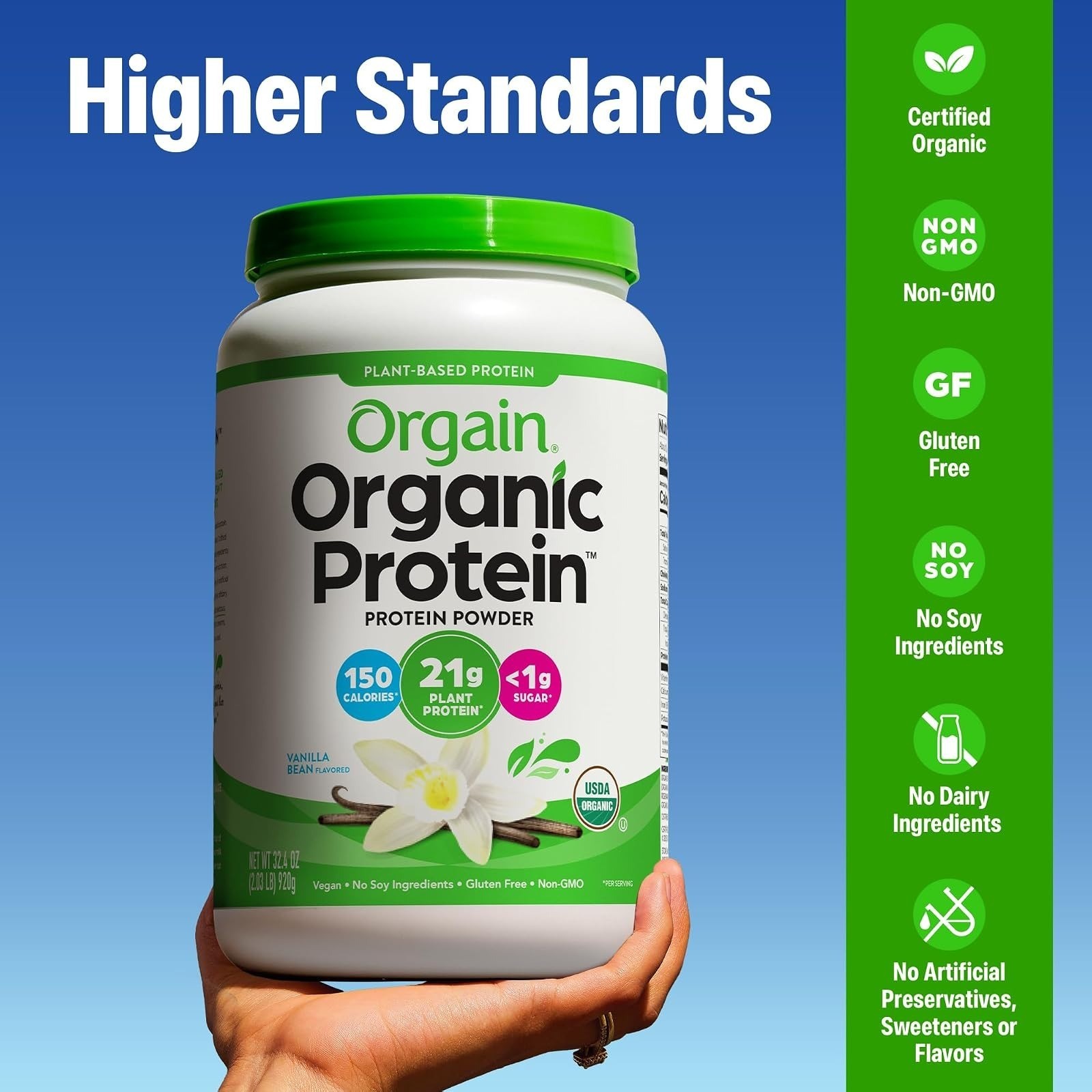 Orgain Organic Vegan Protein Powder, Vanilla Bean, 21g Protein, 2.03 lb