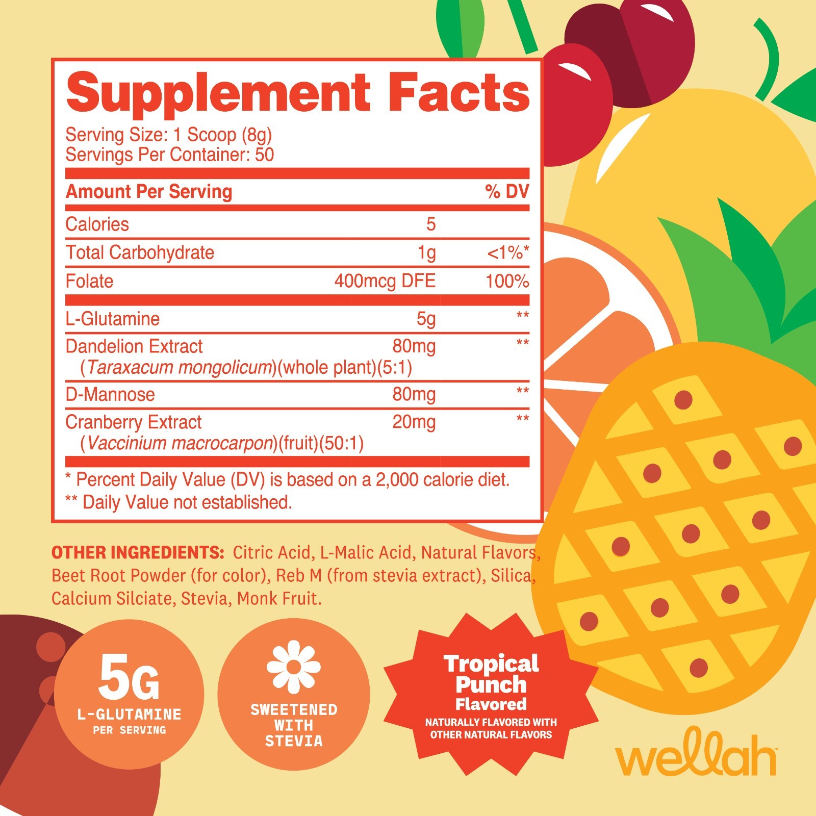 Wellah L-Glutamine Tropical Punch Powder (50 Servings) – 5g L-Glutamine