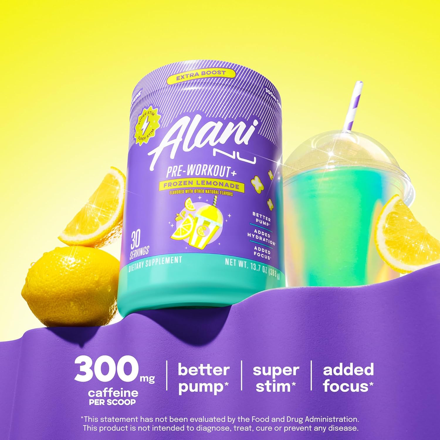 Pre Workout+ Powder Frozen Lemonade, Extra Boost, Sugar Free, 300Mg Caffeine, L-