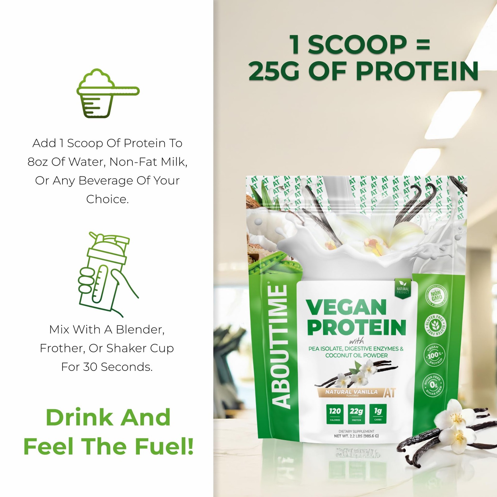 About Time Vegan Protein Powder, 22g Vanilla, Natural, Non-GMO, Plant-Based