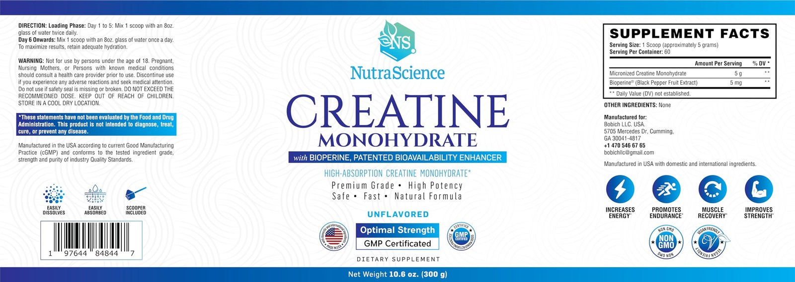 NutraScience Creatine Monohydrate Powder with 10.6 Ounce (Pack of 1)