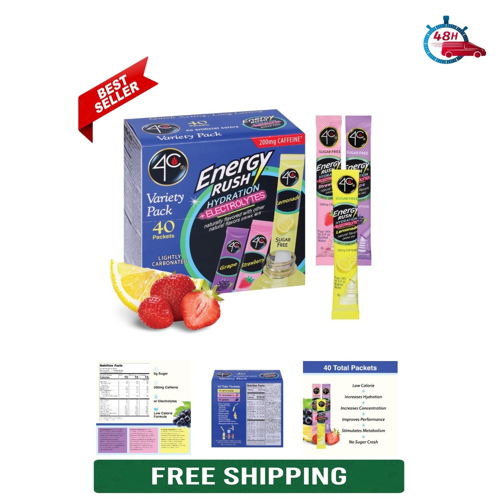 4C Energy Rush PSD with Electrolytes Variety Pack Stix – 40 Count