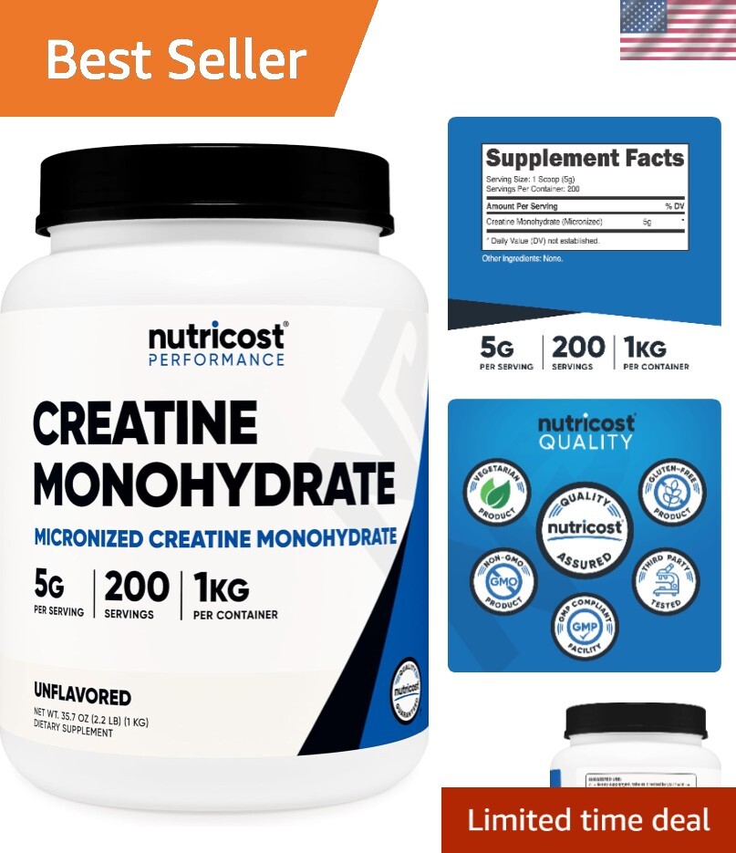 Micronized Pure Creatine Monohydrate 1 KG – No Additives, Vegetarian Formula