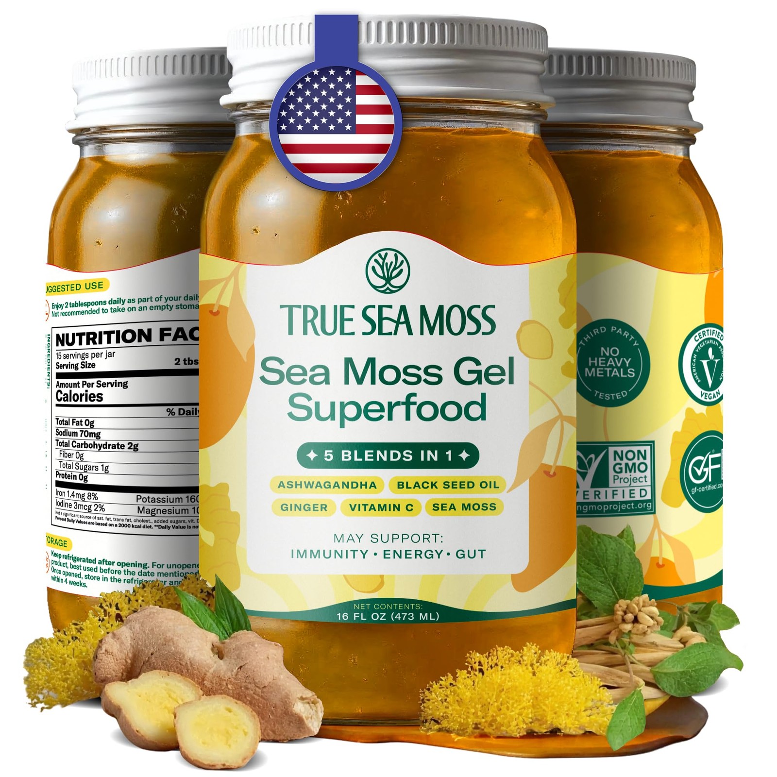 Sea Moss Gel 5-in-1: Wildcrafted Seamoss, Ashwagandha, Sea Vegetables, USA Made