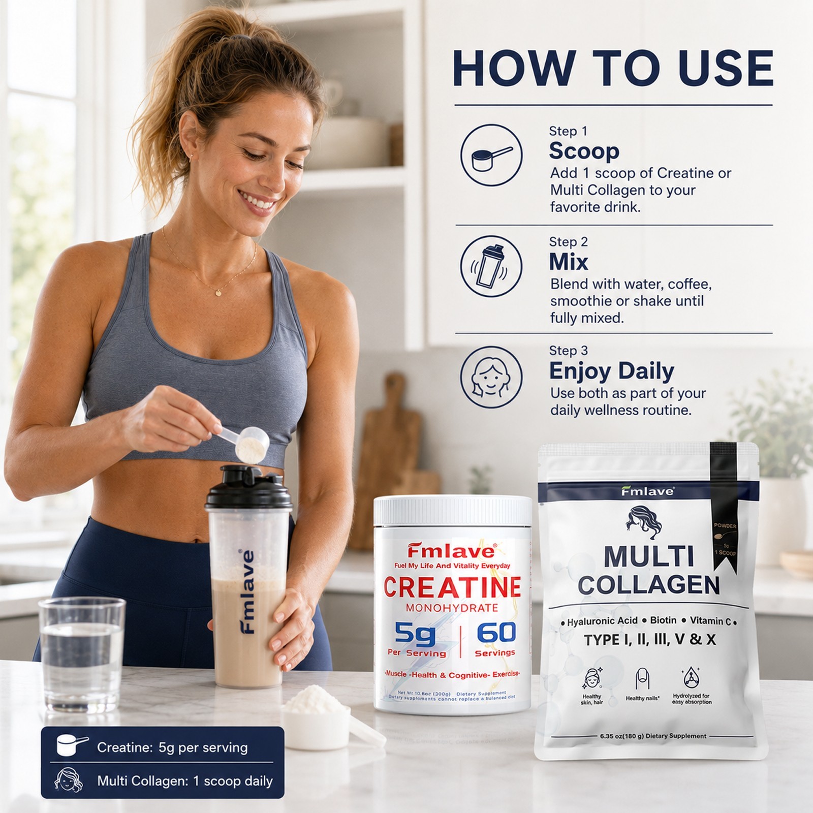 Creatine for Women + Collagen Peptides 5G Each – Muscle, Beauty, Performance 2pc