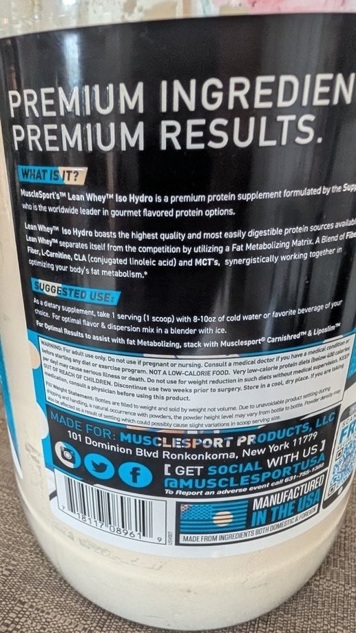 Musclesport Lean Whey Iso-Hydro – Vanilla Ice Cream – 2 lbs (908 g) -Exp 5/2027