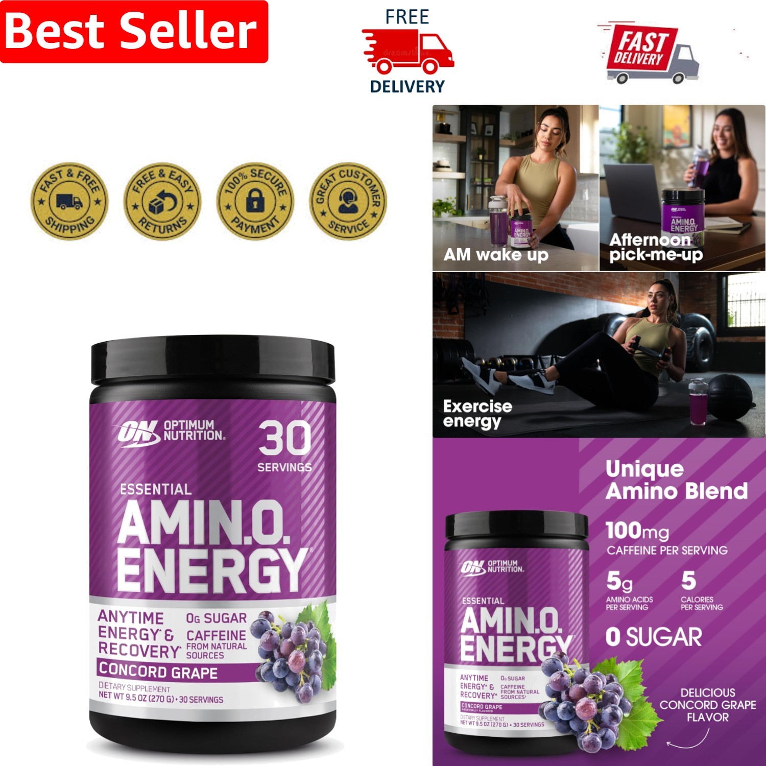 Amino Energy Powder – Keto-Friendly Pre Workout with Green Tea, 30 Servings