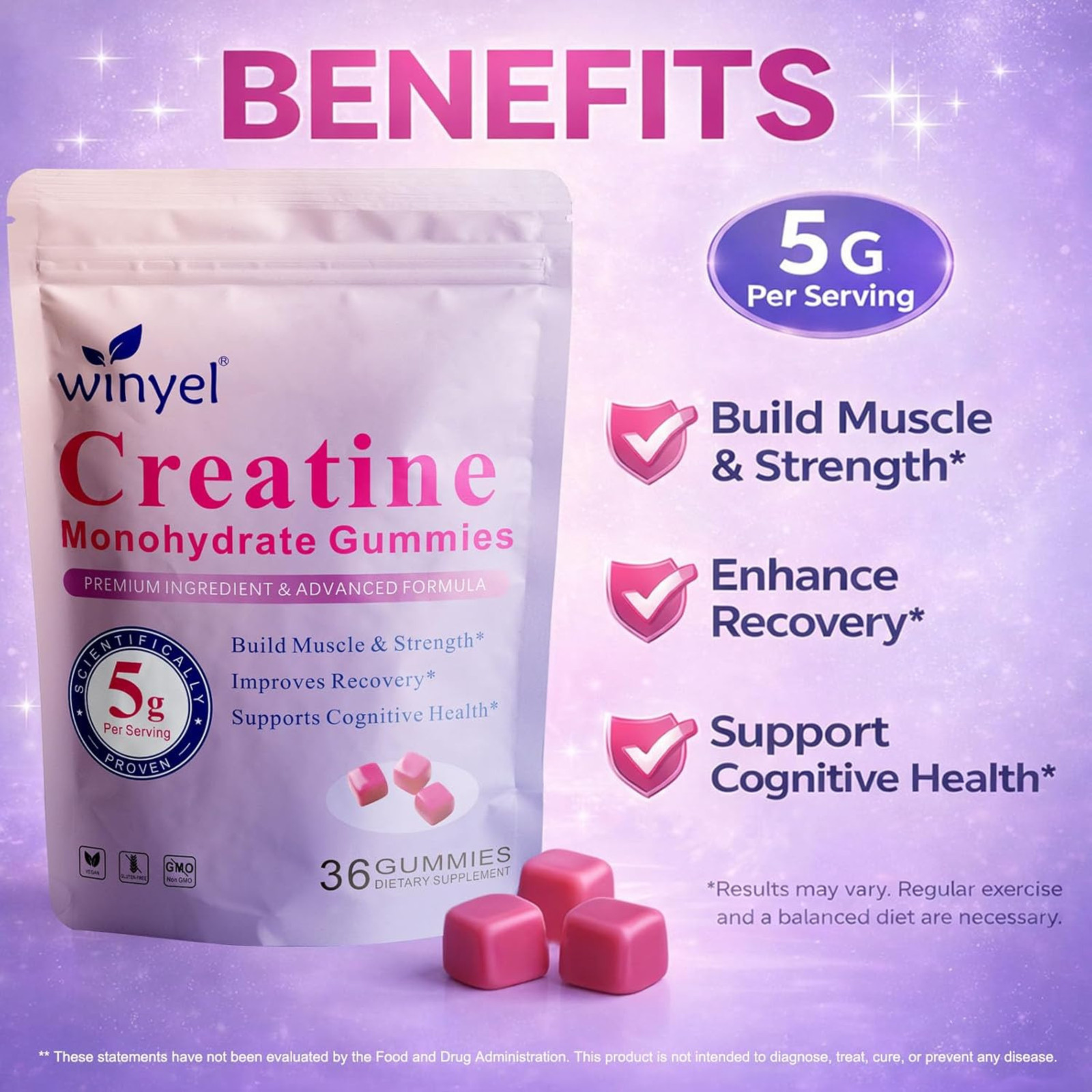 Creatine Monohydrate Gummies 5g 36 Ct Sugar Free Berry Flavor