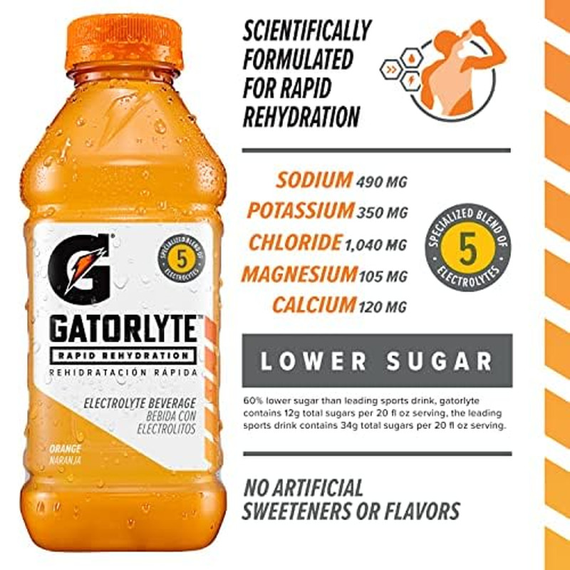 Gatorlyte Rapid Rehydration Electrolyte Beverage, Orange, 20Oz Bottles (12 Pack)