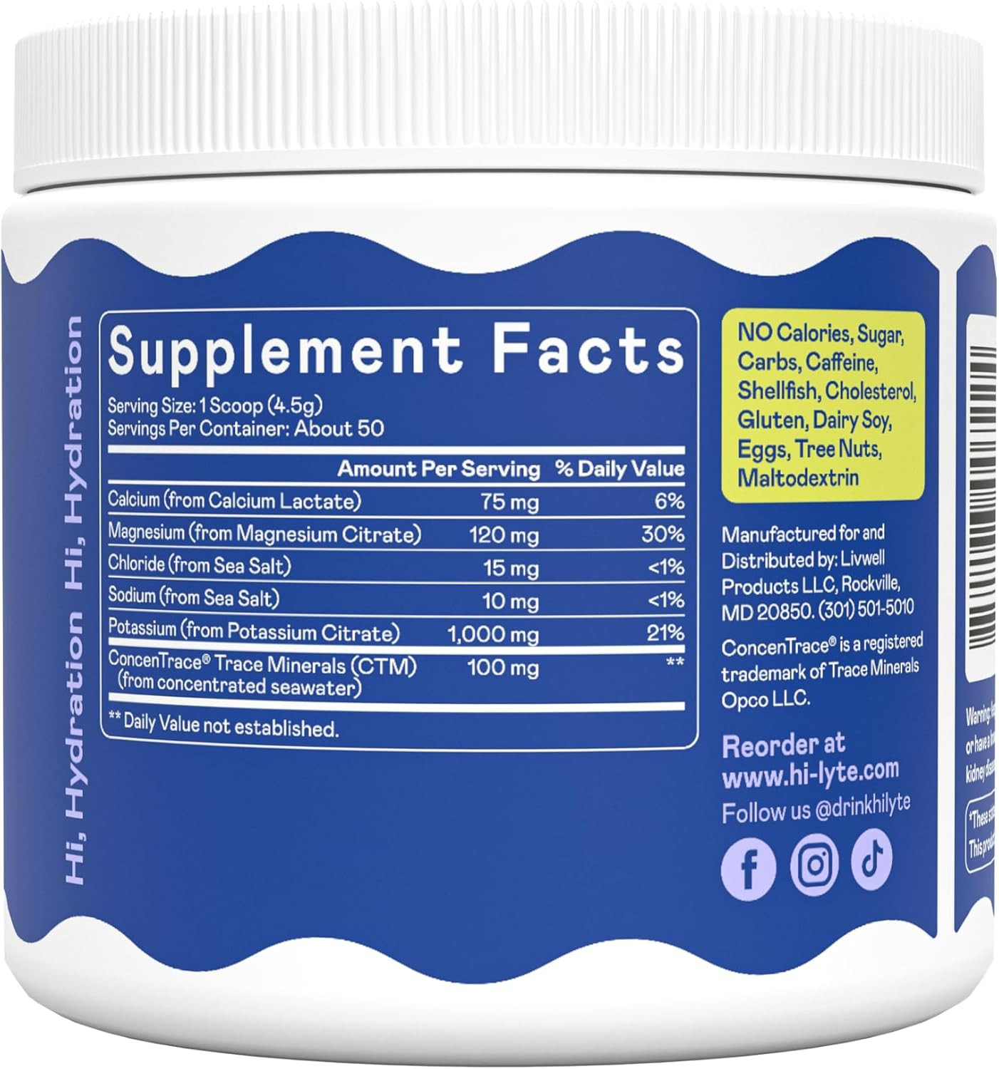 Hi-Lyte K1000 Electrolytes Powder Mix Unflavored Keto & Performance, 50 Servings