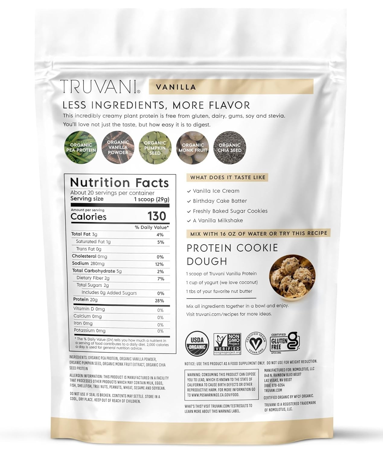 Truvani Organic Plant Based Protein Powder Vanilla 20 Servings Vegan Keto