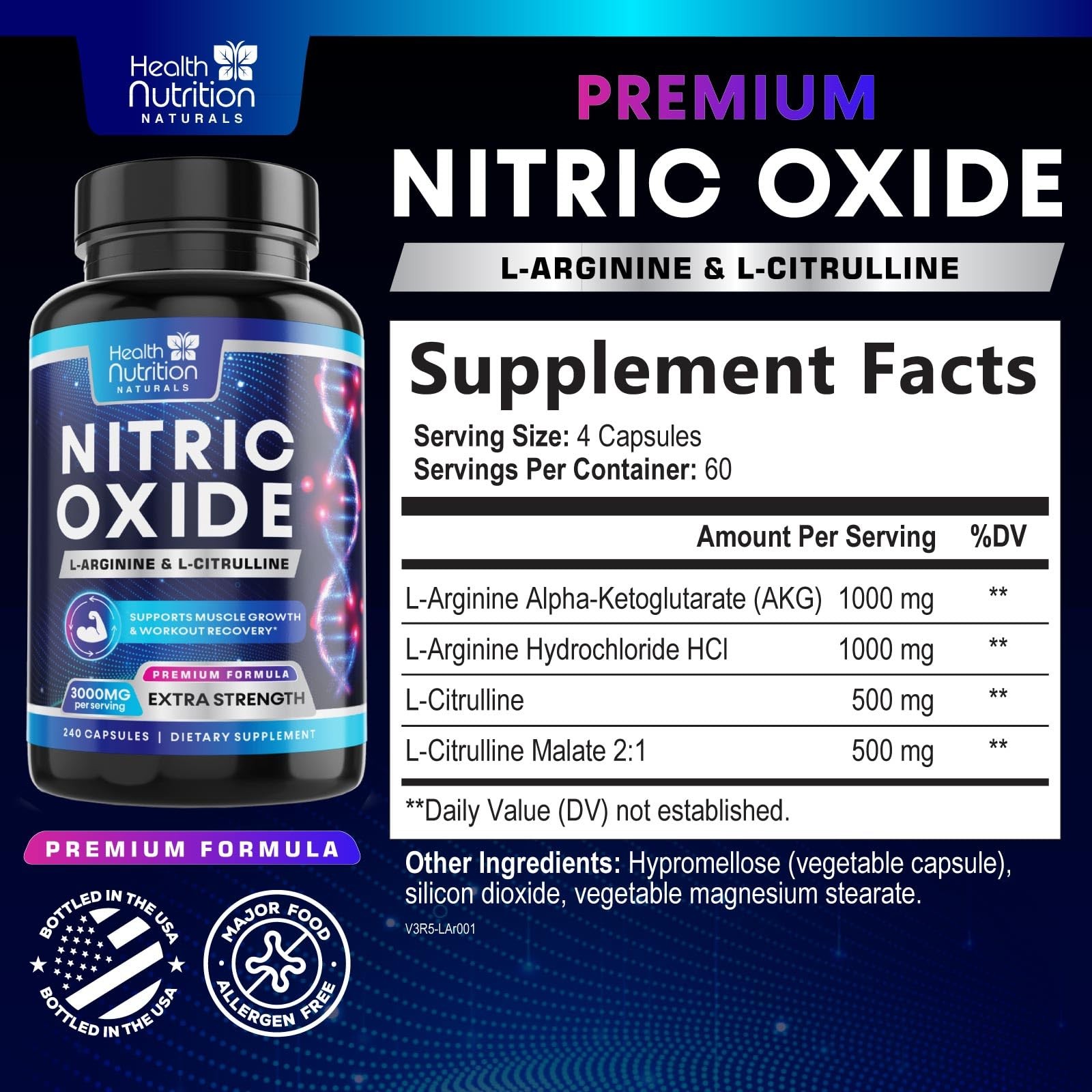 Extra Strength Nitric Oxide Booster – 3X Strength L-Arginine AKG & Citrulline Ma