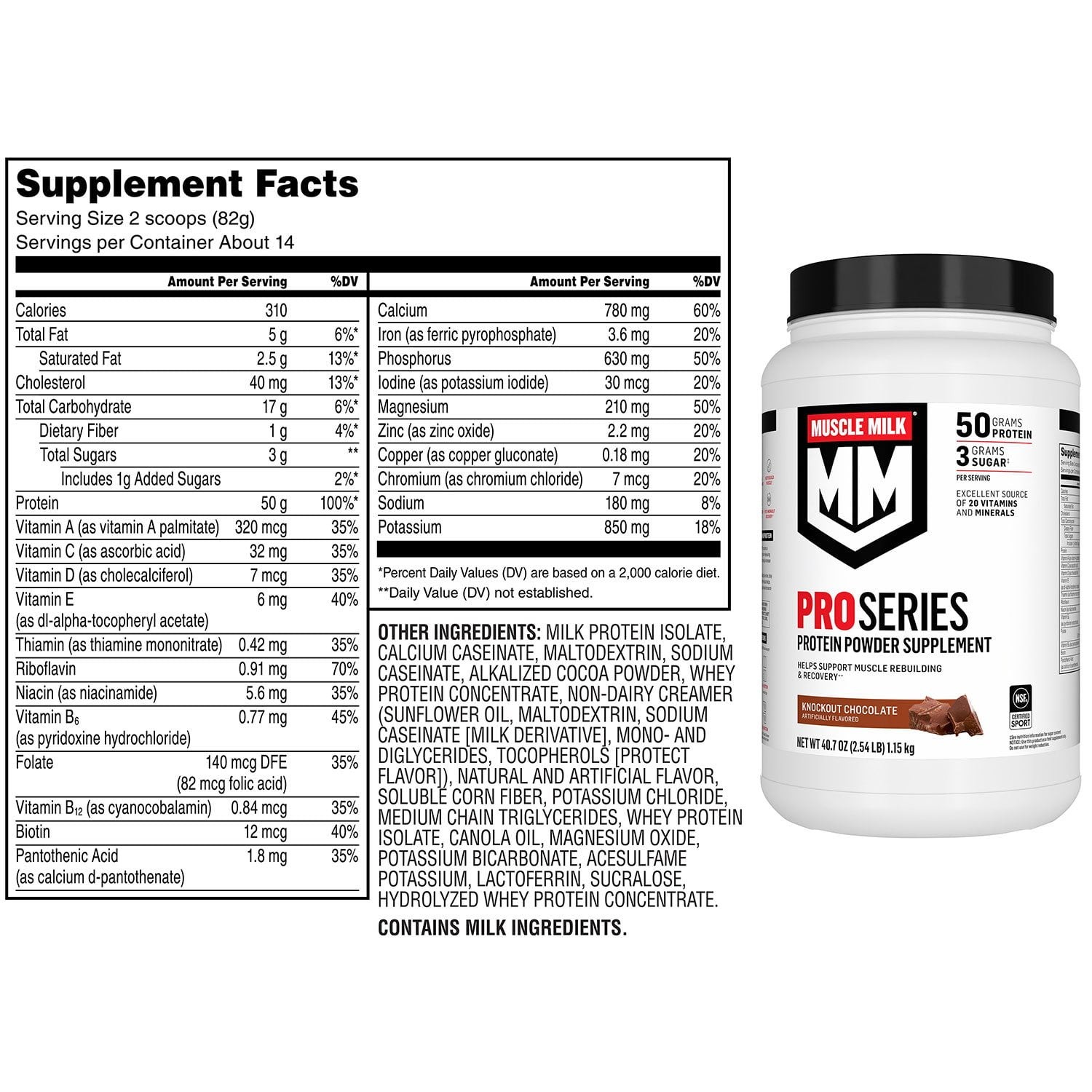 Muscle Milk Pro Series 50g Whey Protein Powder, Knockout Chocolate 2.54 lbs.
