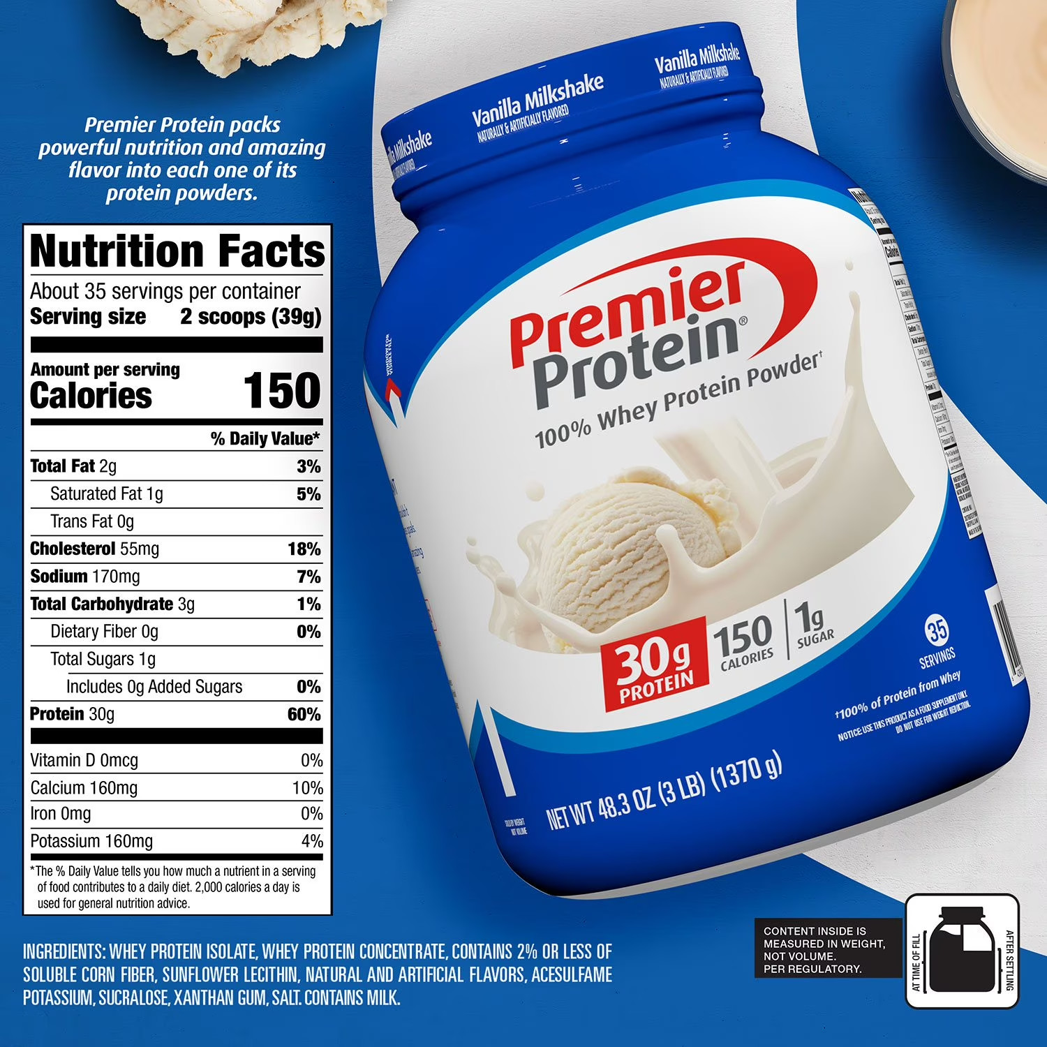 2 pack – Premier Protein 30g High Protein Powder, Vanilla Milkshake, 6 lbs Total