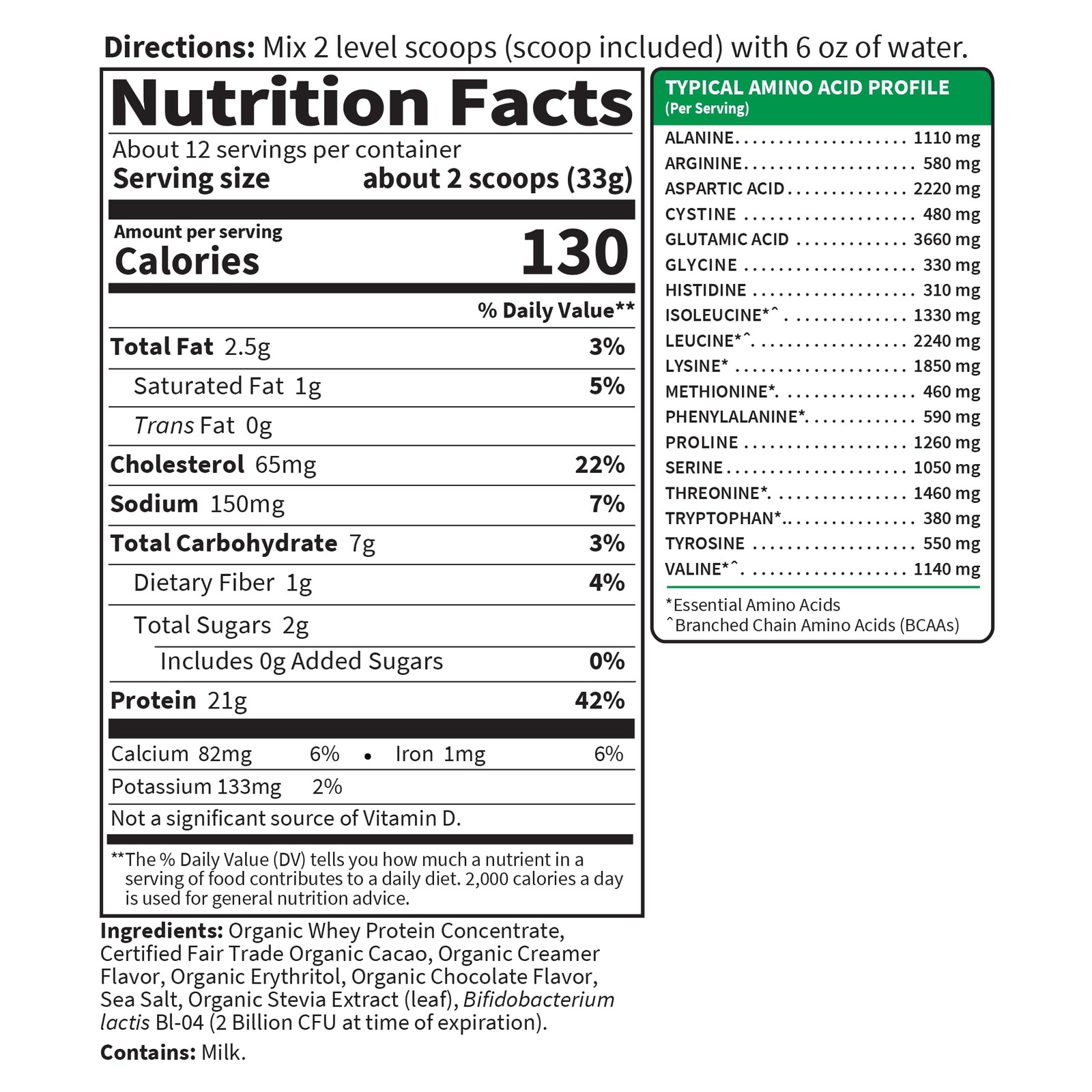Organic Grass Fed Whey Protein Powder Fair Trade Chocolate Cacao 12 Servings