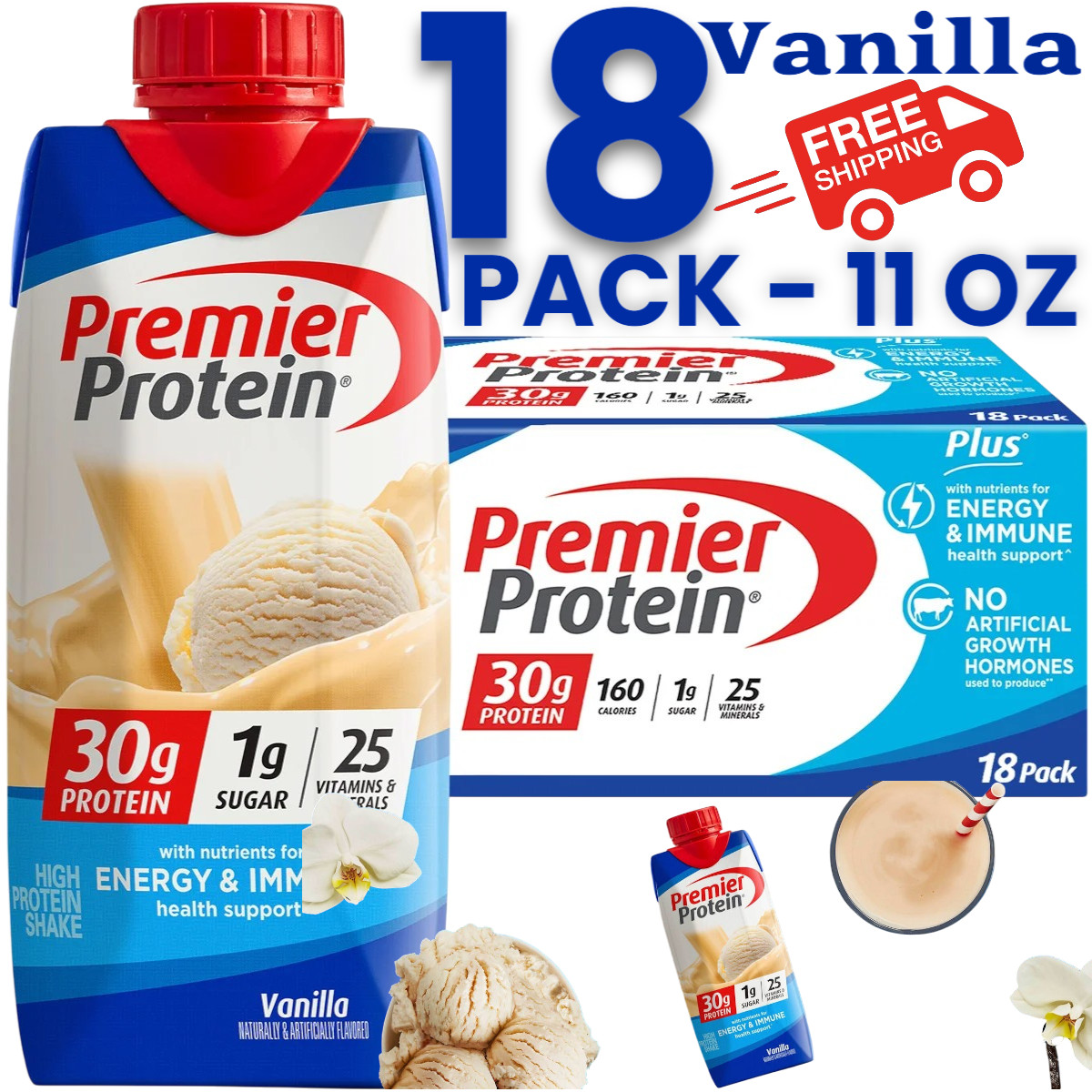Premier Protein Shake Vanilla High 30g Pr 18 PACK 11Oz Energy Immune Sup BB:5/26