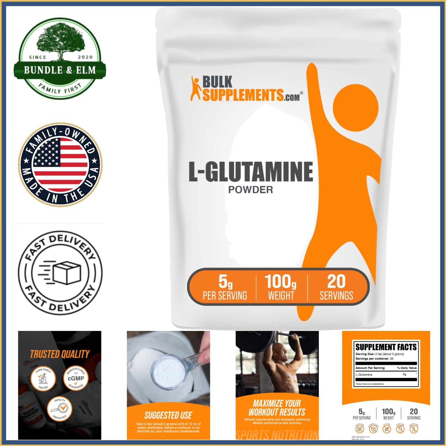 L-Glutamine Powder for Muscle Recovery, Unflavored and Gluten Free Supplement
