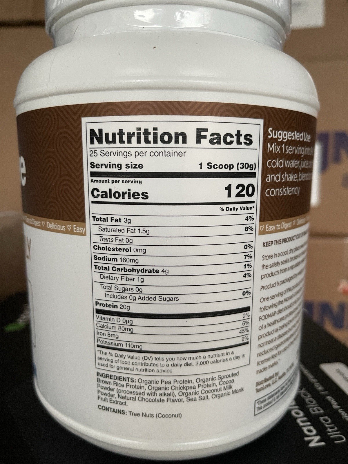 TumLove Vegan Protein Powder Chocolate 1.65 lbs Gluten Free Soy Free Low Fodmap