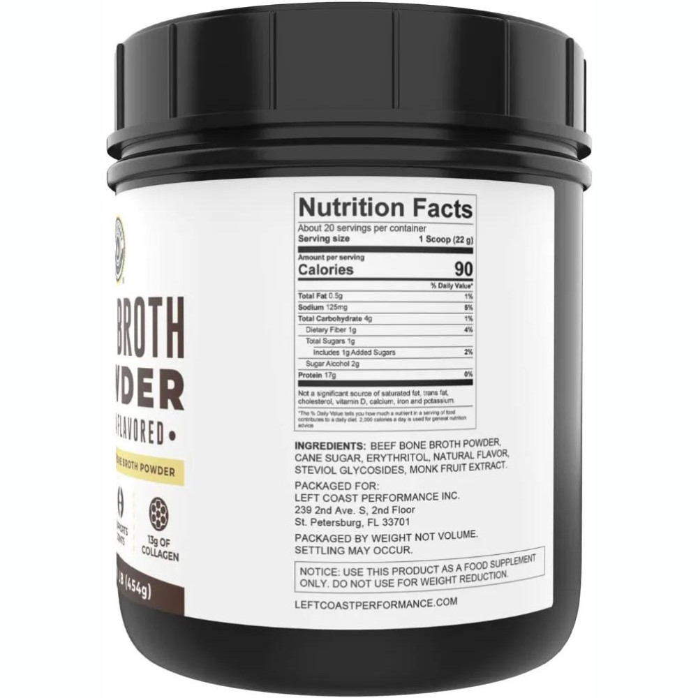 Left Coast Performance Bone Broth Protein Powder, Vanilla Grass Fed Non-GMO 16oz