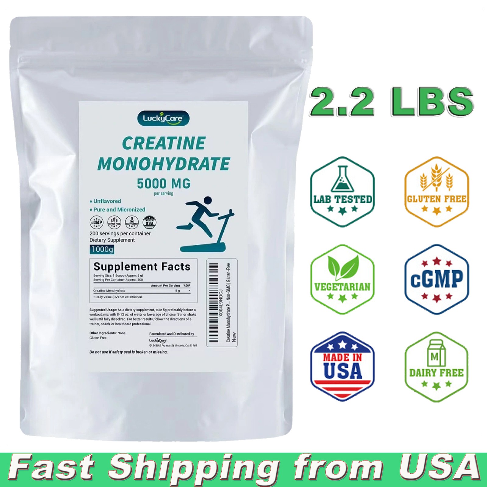 Pure Creatine Monohydrate, 2.2 lbs | Micronized Powder | 200 Servings (5g Each)