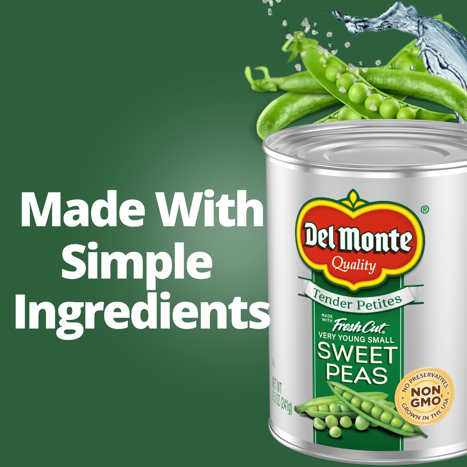 Del Monte Very Young Sweet Peas, 8.5 oz, Can 12 Pack