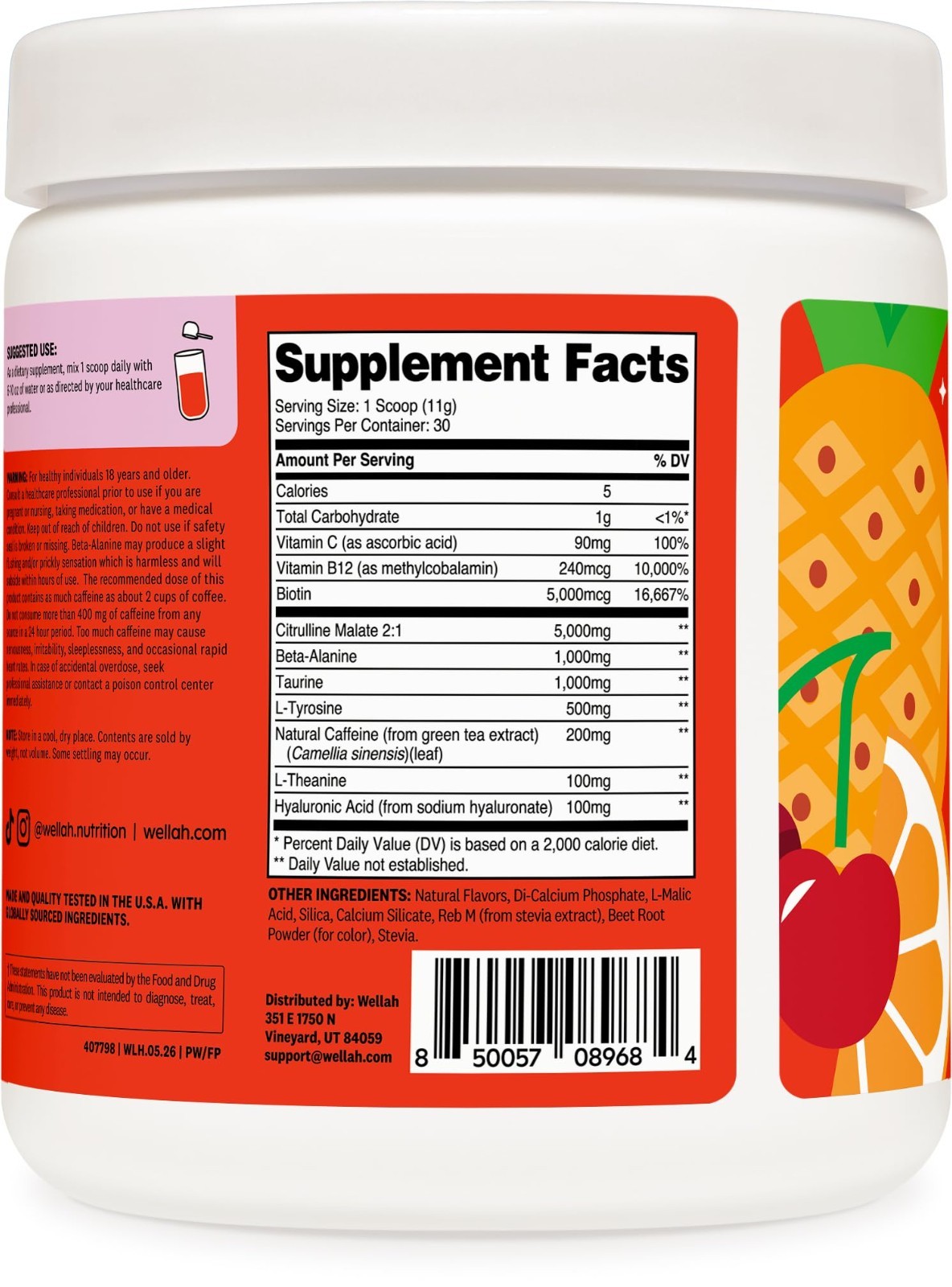 Fruit Punch Pre-Workout Drink Mix – 30 Servings, Citrulline Malate, L-Theanine,