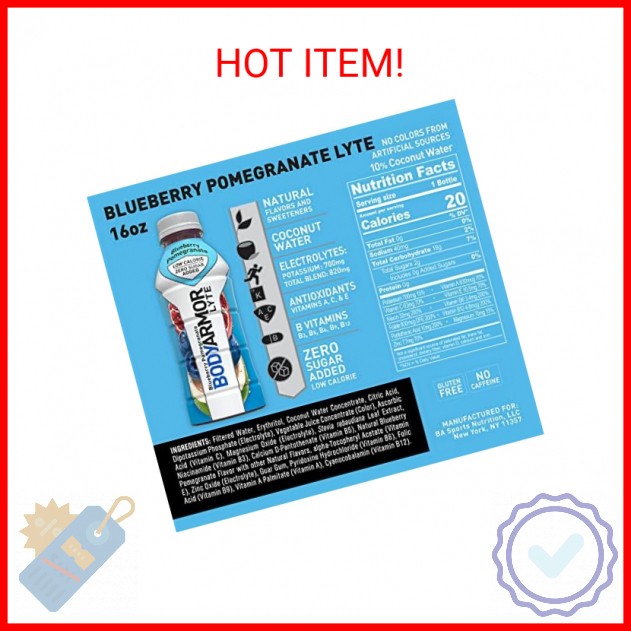 BODYARMOR Lyte Sports Drink Low-Calorie Beverage, Blueberry Pomegranate, Coconut