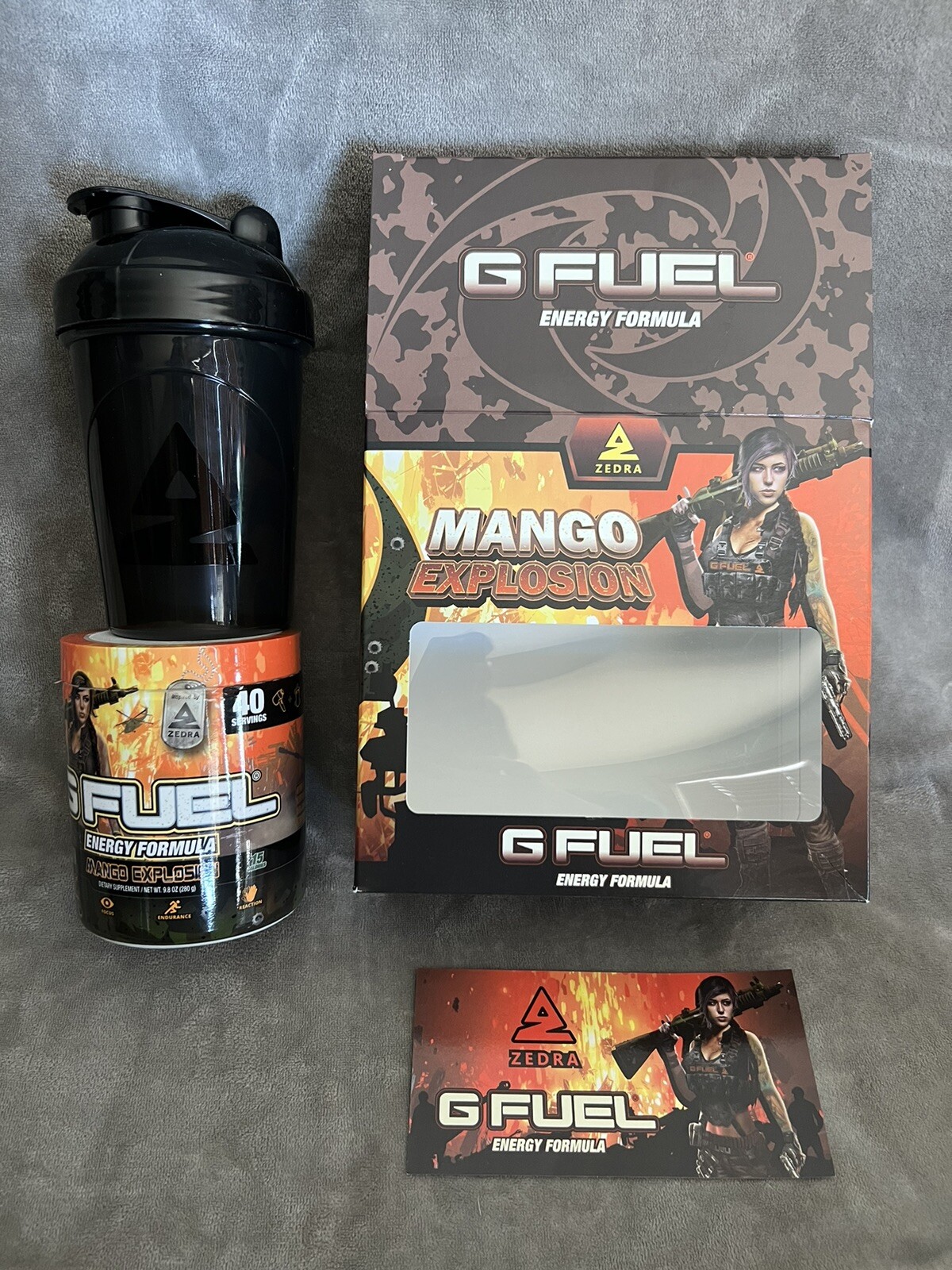 G Fuel Mango Explosion Gfuel Box ZEDRA Shaker, Sticker, Empty Tub READ