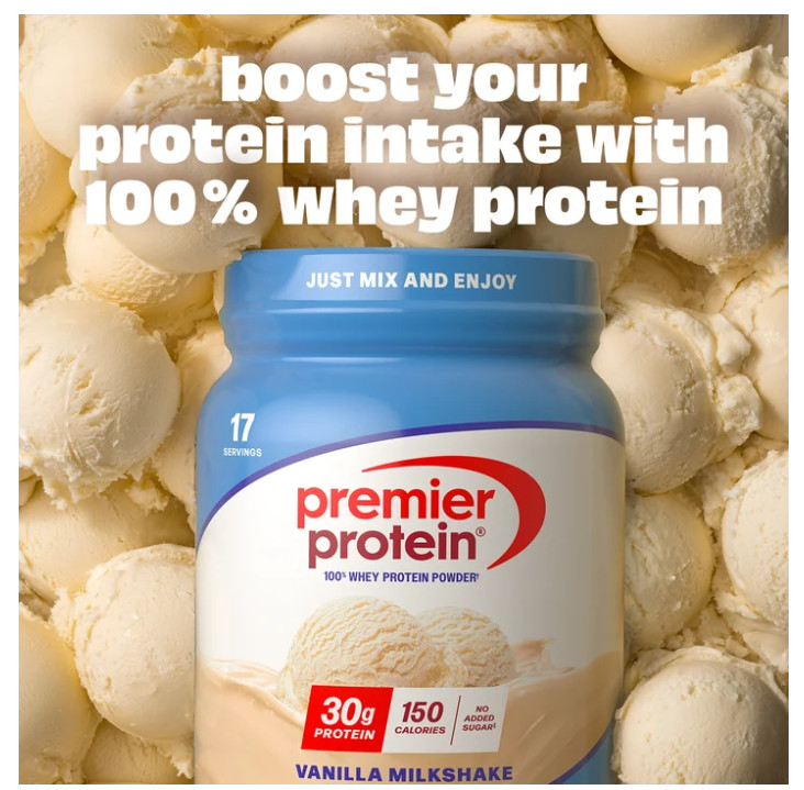 Premier Protein 100% Whey Protein Powder Vanilla 30g Protein 1.7 lb Jar
