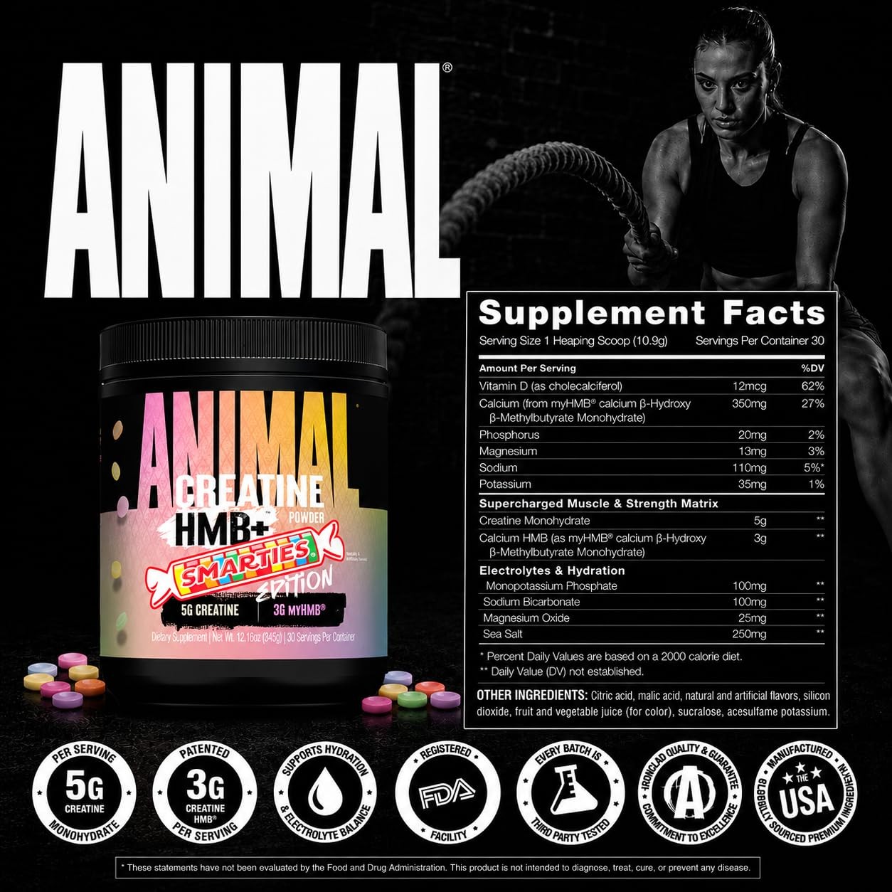 Animal Creatine HMB Powder x Smarties – 3g myHMB + 5g 30 Servings, No Color
