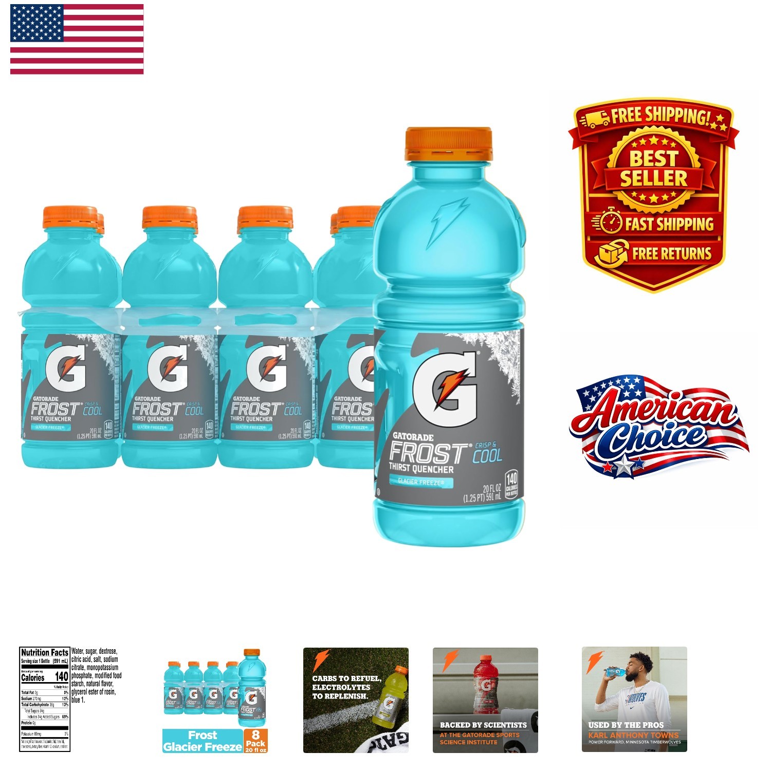 Gatorade Thirst Quencher, Frost Glacier Freeze, 20 Oz x 8 – Hydration Essential