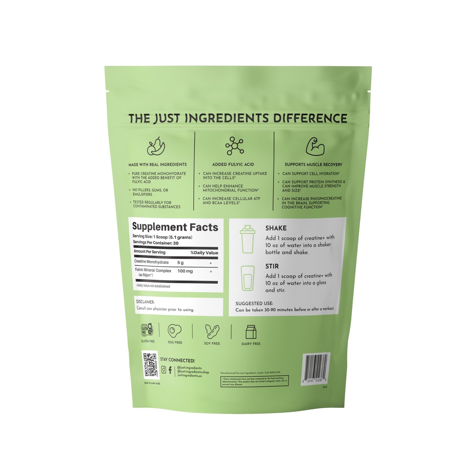 JUST INGREDIENTS Creatine Monohydrate Powder with Rejen Fulvic Mineral Comple…