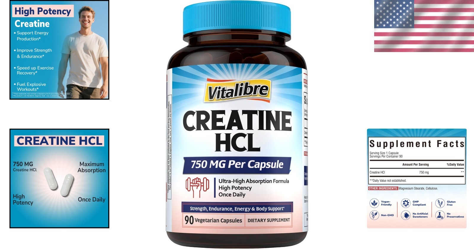 750mg Pure Creatine HCl – No Bloat, Once Daily for Optimal Performance, 90 Caps